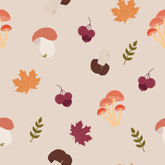 Seamless vector patterns with leaves, mushrooms and cozy autumn elements. Great for textile, wrapping paper, wallpaper, digital backgrounds, and surface design.