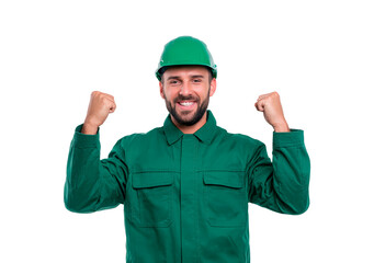 Joyful construction worker in green uniform celebrating success on transparent background, PNG
