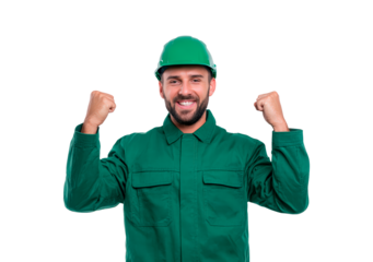 Joyful construction worker in green uniform celebrating success on transparent background, PNG