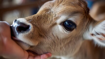 Fototapeta premium Close-up of a boy feeding a newborn calf at a cattle farm, with the calf eagerly drinking from the boy hand, showcasing the nurturing farm life.