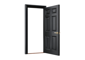 Open black door symbolizing new opportunities and choices on transparent background, PNG