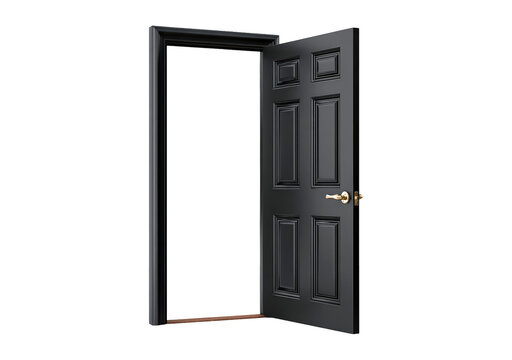 Open black door symbolizing new opportunities and choices on transparent background, PNG