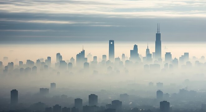 Cityscape shrouded in fog and mist