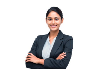 Confident businesswoman in formal attire with crossed arms on transparent background, PNG