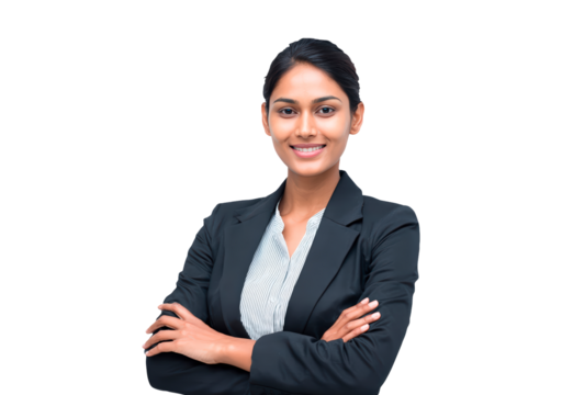 Confident businesswoman in formal attire with crossed arms on transparent background, PNG
