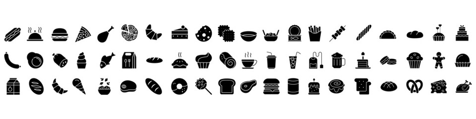 Fototapeta premium Food and drink icon vector set. Restaurant illustration sign collection. Сontains fast food, beverage, vegetables, fruits, desserts, meat, fish, coffee, cocktail and more. Editable line icons.