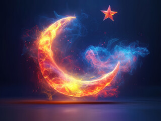 Beautiful crescent moon and star depicted using light painting skills