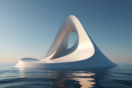Futuristic white sculpture emerging from calm ocean waters under a clear sky architecture