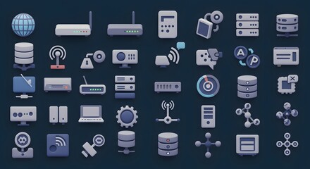 Collection of Digital Technology Icons Representing Networking and Data Storage Systems