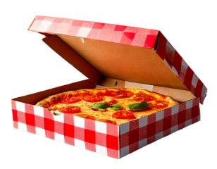 Fresh Margherita pizza with tomatoes and basil sits ready to enjoy in a red and white checke png