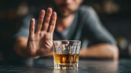 Close-up of a man pushing a glass of alcohol away on the table, symbolizing his commitment to stop drinking and saying no to addiction.