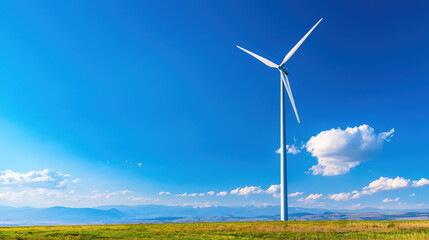 Wind turbine stands tall against clear blue sky, surrounded by green grass and distant mountains, symbolizing renewable energy and sustainability