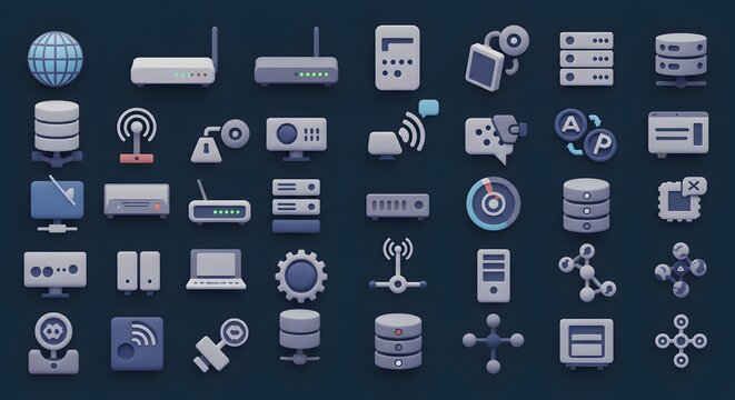 Collection of Digital Technology Icons Representing Networking and Data Storage Systems