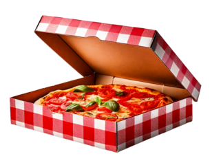 Fresh Margherita pizza with tomatoes and basil sits ready to enjoy in a red and white checke png