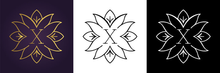Luxury floral letter X logo design in gold black and white versions  