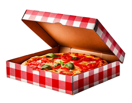 Fresh Margherita pizza with tomatoes and basil sits ready to enjoy in a red and white checke png