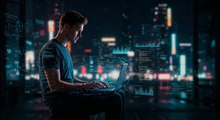 Young coder immersed in programming, surrounded by futuristic interfaces in urban cityscape