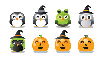 Fototapeta premium Illustration of cartoon owls and pumpkins dressed for halloween celebration and holiday season fun