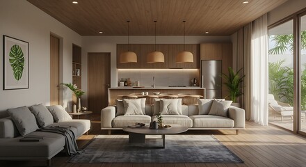 Fototapeta premium Bright, modern living room interior with a sofa, kitchen, and view to the outside.