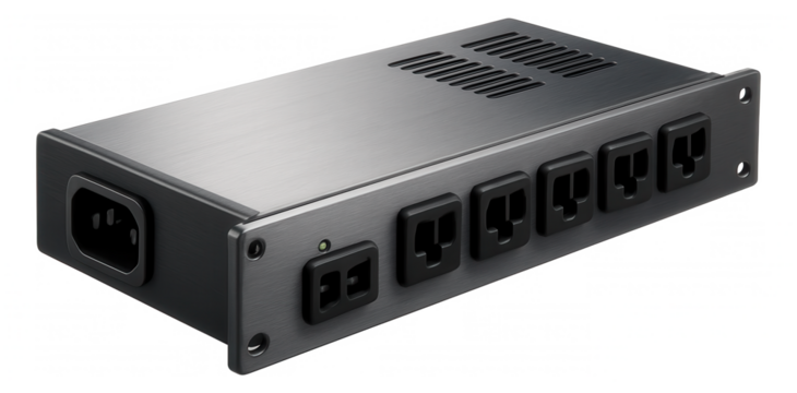 Rack-mountable power supply block for LED strips in a commercial studio space, accommodating multiple outputs and high efficiency.