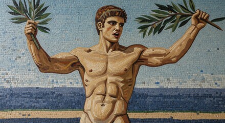 Triumphant Athlete in Mosaic Art Holding Olive Branches Symbolizing Victory