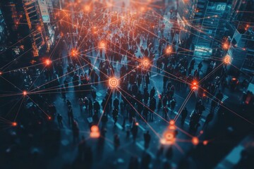 Network grid overlaying city crowd, floating emojis and digital lines creating connections