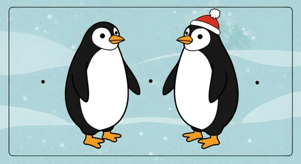 Obraz premium Two Playful Penguins Celebrating Winter with Festive Red Hat in a Bright Arctic Landscape