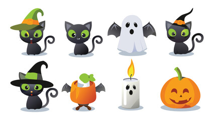 Cartoon halloween elements featuring black cats ghost candle and pumpkin in a playful arrangement