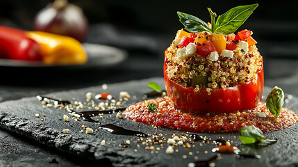 A vibrant red bell pepper, meticulously filled with a hearty quinoa and vegetable mixture, elegantly plated atop a bed of tomato sauce and garnished with fresh basil, showcasing a balanced and flavor