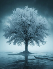 Frozen lonely tree in cold haze futuristic landscape minimalism