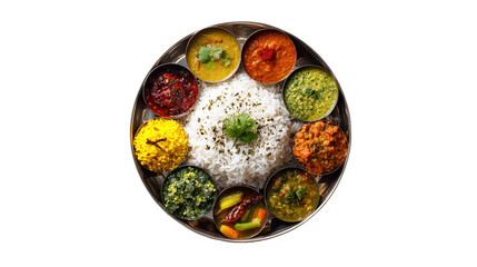 Traditional Indian thali featuring an array of spiced curries, rice, and bread on  wooden tray ,
Palak Paneer, Chiken Tikka, Biryani, Vegetable Curry, Papad, Dal, Palak Sabji, Jira Alu,Rice  Saffron