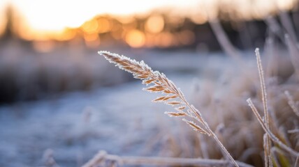 Close up of frosted grass seed head with golden bokeh background at sunrise