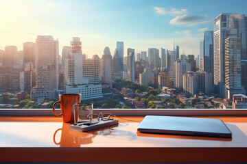 Contemporary office desk setup with a panoramic view of the city skyline creating a modern vibe
