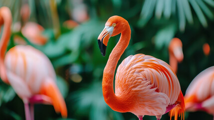 Fototapeta premium Vibrant flamingo stands gracefully amidst lush greenery, showcasing its stunning pink feathers and elegant posture. scene evokes sense of tropical