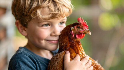 Happy Child Holding a Brown Hen Outdoors