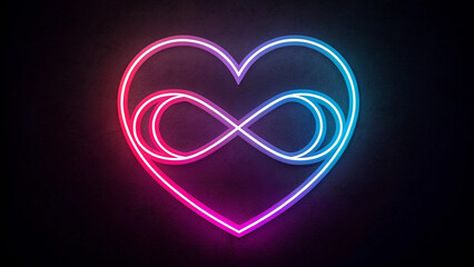Photo of a glowing neon heart with infinity symbol shines in the dark