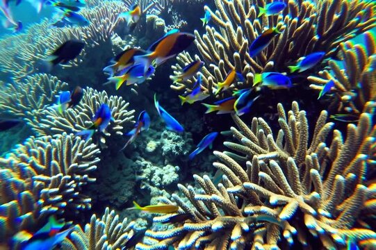 Colorful fish swim among vibrant coral reefs in tropical waters during a sunny day