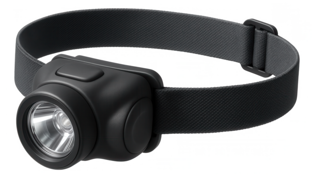 A headlamp with an elastic headband and a focus adjustment wheel for precise lighting during DIY projects in a home studio.