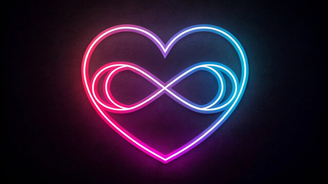 Photo of a glowing neon heart with infinity symbol shines in the dark