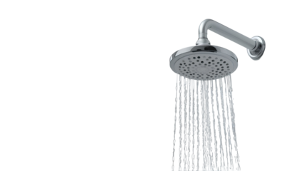 Modern Chrome Showerhead – Mounted on Curved Chrome Pipe Isolated on Transparent Background