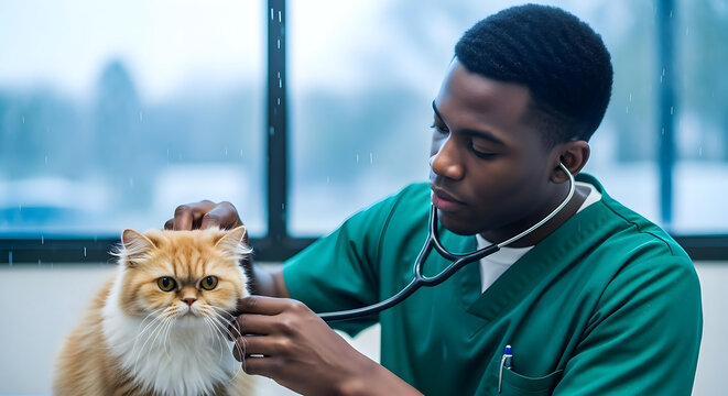 The doctor man is taking care of the cat at the cat hospital.