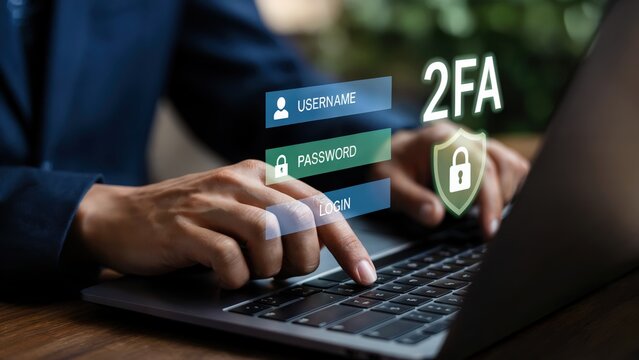 Person using laptop with two factor authentication username password and login interface overlayed