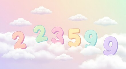 Colorful Pastel Numbers Floating Above Soft Clouds in a Dreamy Gradient Background