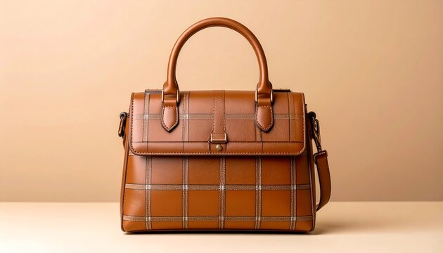 Brown handbag with a plaid pattern