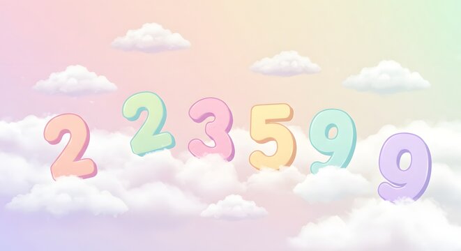 Colorful Pastel Numbers Floating Above Soft Clouds in a Dreamy Gradient Background
