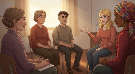 Supportive group therapy session illustration featuring diverse individuals in a circle