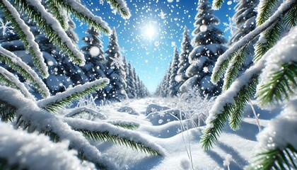 A snowy forest scene with trees covered in snow, and a bright sun.