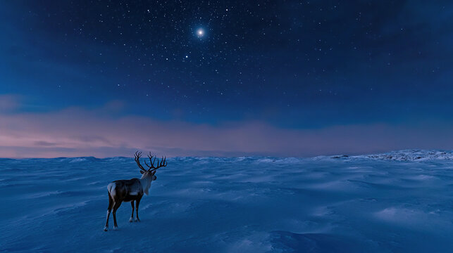Reindeer in snowy landscape at night with stars christmas holiday winter scene stock photo image