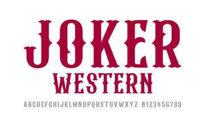 Jocker font. Alphabet an western lettering style in dark red tones vector illustration