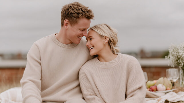 Happy young couple in matching beige sweaters enjoying romantic autumn picnic outdoors. Intimate moment with wine and food on table. Cozy fall date lifestyle.